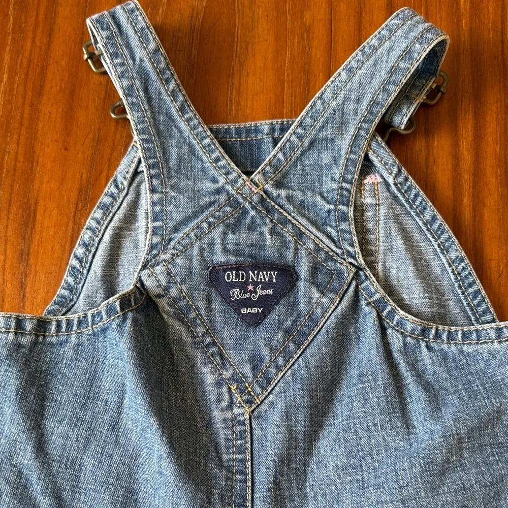 Old Navy Denim Baby Overalls 6-12M Blue Jean Romper Pink Bow